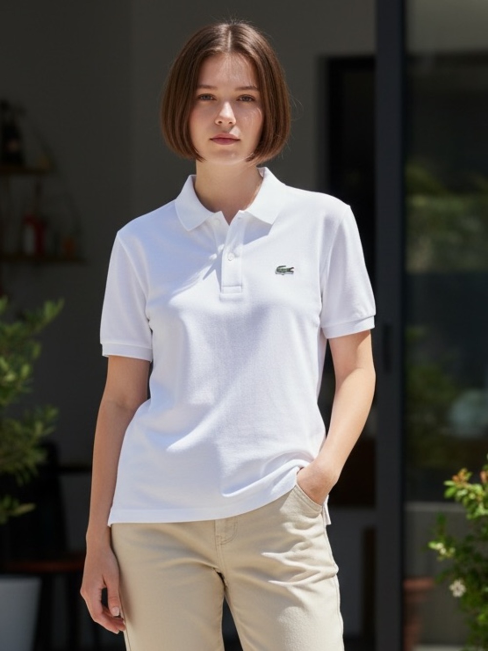 Lacoste White Polo Top with Beige Trousers